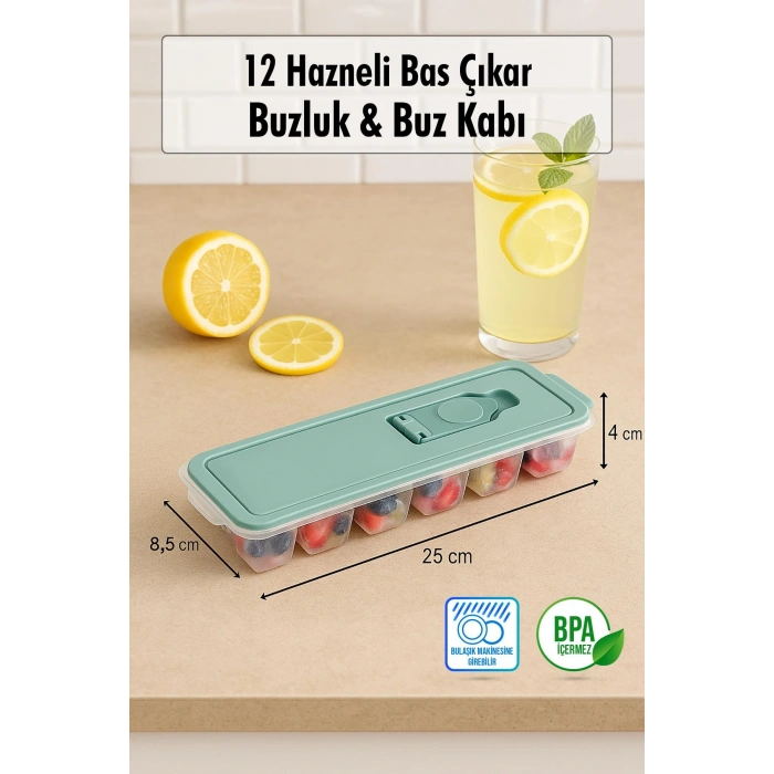 12 Hazneli Bas Çıkar Buzluk & Buz Kabı Yeşil