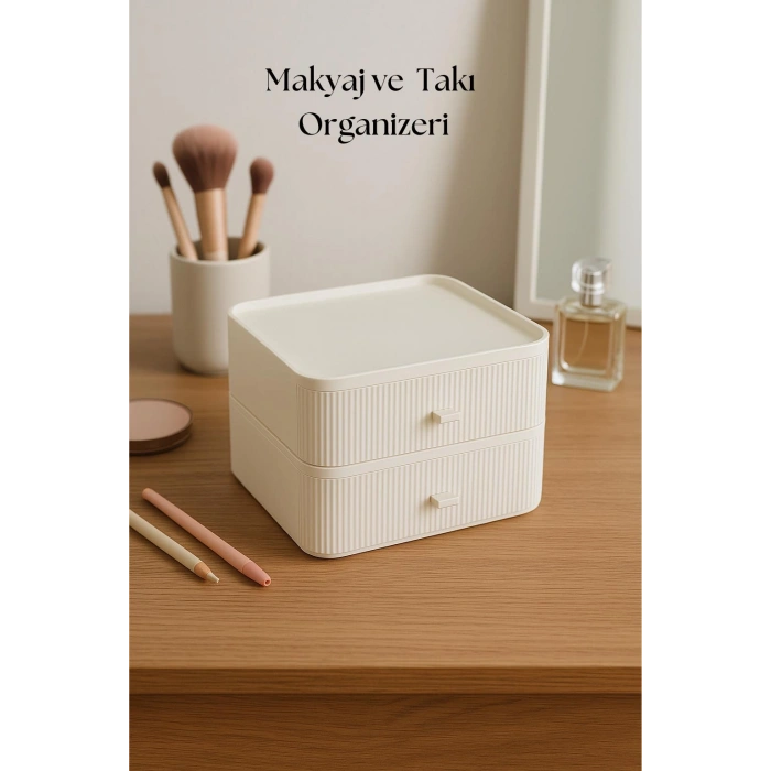2 Katlı Çekmeceli Makyaj Organizeri & Çok Amaçlı Düzenleyici Gri Beyaz