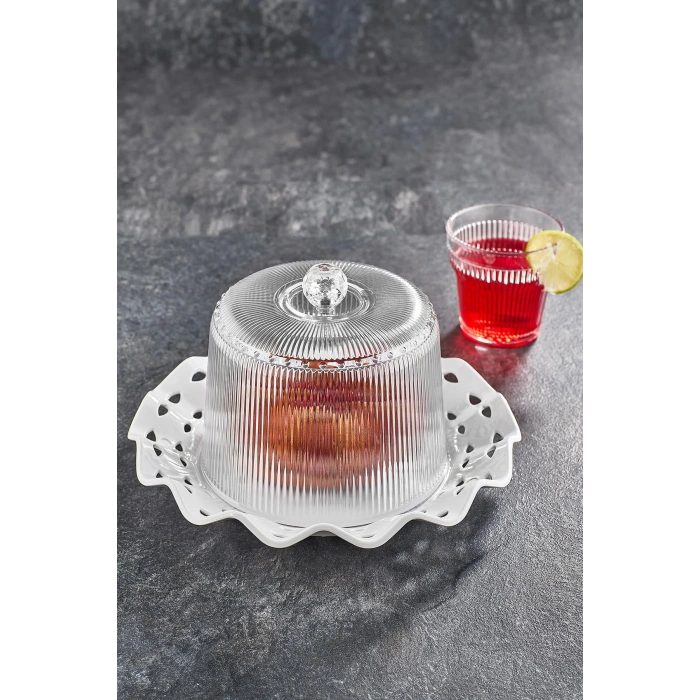 Akrilik Barok Mürdüm Renk Kek Fanus & Kek Saklama Kabı & Şık Sunum Organizeri 26 Cm