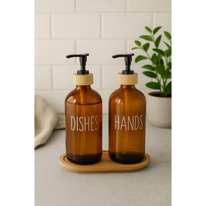 Amber Cam İkili Sıvı Sabunluk Seti 500 ml Bambu Altlıklı