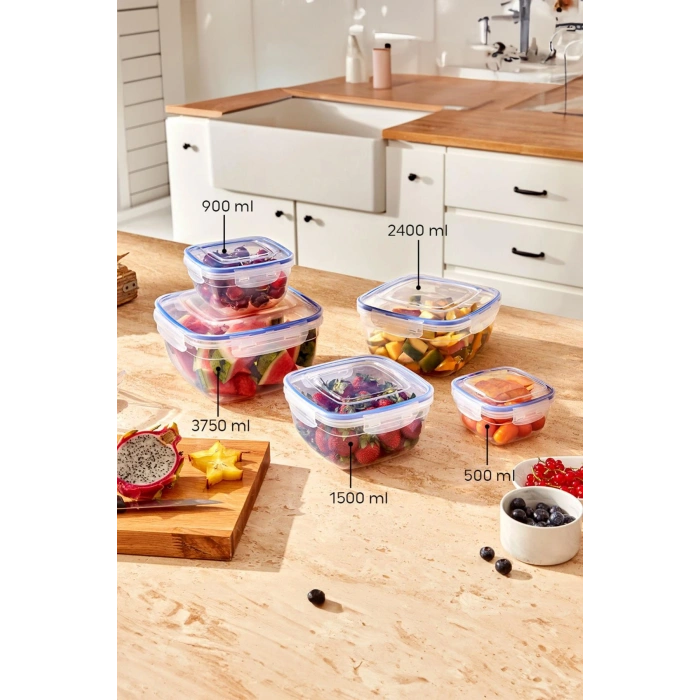 Dikdörtgen 10 Parça Contalı Vakumlu Sızdırmaz Hava Almaz Saklama Kabı Seti 2x(4000/2300/1400/900/400 Ml)
