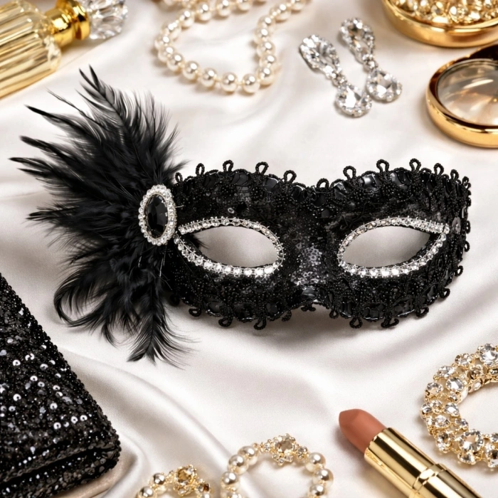 Siyah Taşlı Venedik Parti Maskesi – Tüylü Payetli