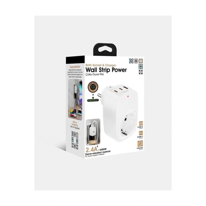 Tekli Yüksek Voltaj Korumalı Duvar Prizi 2x Type-c 1x Usb Çıkışlı Priz Grup Priz Çoğaltıcı Beyaz