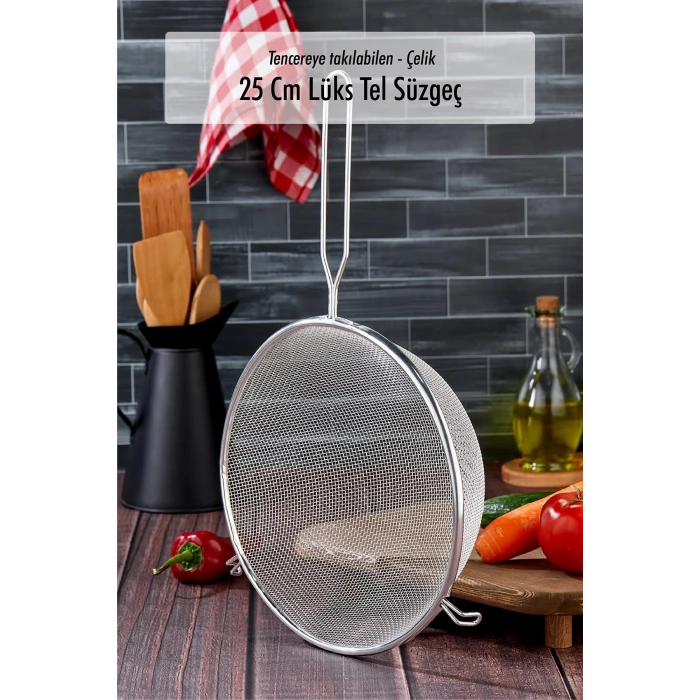 Tencereye Takılan 22 Cm Lüks Orta Boy Çelik Tel Süzgeç & Kevgir