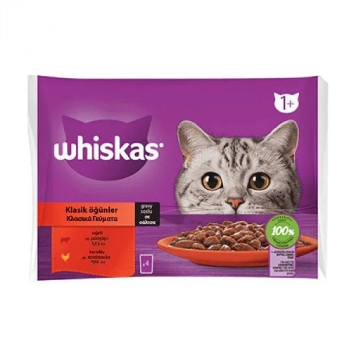 Whiskas Pouch Sos İçerisinde Sığır Etli ve Tavuklu Yetişkin Konserve Kedi Maması 1 Adet 4x85 Gr