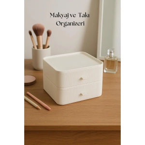 2 Katlı Çekmeceli Makyaj Organizeri & Çok Amaçlı Düzenleyici Gri Beyaz
