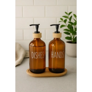 Beyaz Cam İkili Sıvı Sabunluk Seti 500 ml Bambu Altlıklı