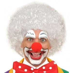 Beyaz Renk Kıvırcık Afro Bonus Peruk Saç Ve Kırmızı Sünger Burun Seti