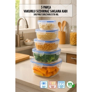 Dikdörtgen 10 Parça Contalı Vakumlu Sızdırmaz Hava Almaz Saklama Kabı Seti 2x(4000/2300/1400/900/400 Ml)