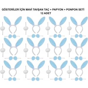 Mavi Tavşan Kostüm Seti – Taç, Papyon, Ponpon (12’li Paket)