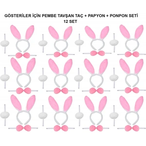 Pembe Tavşan Kostüm Seti – Taç, Papyon, Ponpon (12’li Paket)