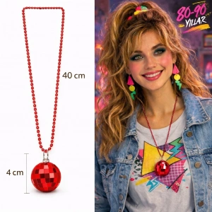 Retro Disko Topu Şekilli 8039ler 9039lar Kırmızı Renk Plastik Kolye