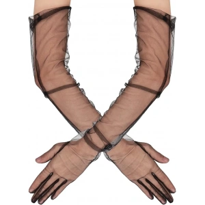 Uzun Boy Likralı Siyah Renk Yetişkin Mega Tül Eldiven 53 Cm