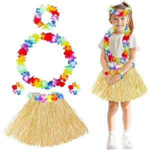 Yetişkin Çocuk Hawaii Parti Seti - 40 Cm Naturel Etek + Çiçek Aksesuarlar (5 Parça)