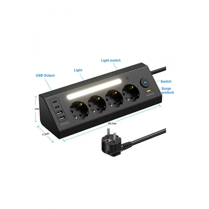 Lp764 Çoklu Gece Lambalı Priz Yüksek Gerilim Korumalı 4’lü Priz 2xusb 2xtype-c Çıkışlı Grup Priz Çoğaltıcı