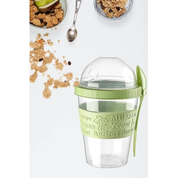 Kapaklı Kaşıklı Meyve Hazneli Yoğurt & Müsli Kabı - Yeşil