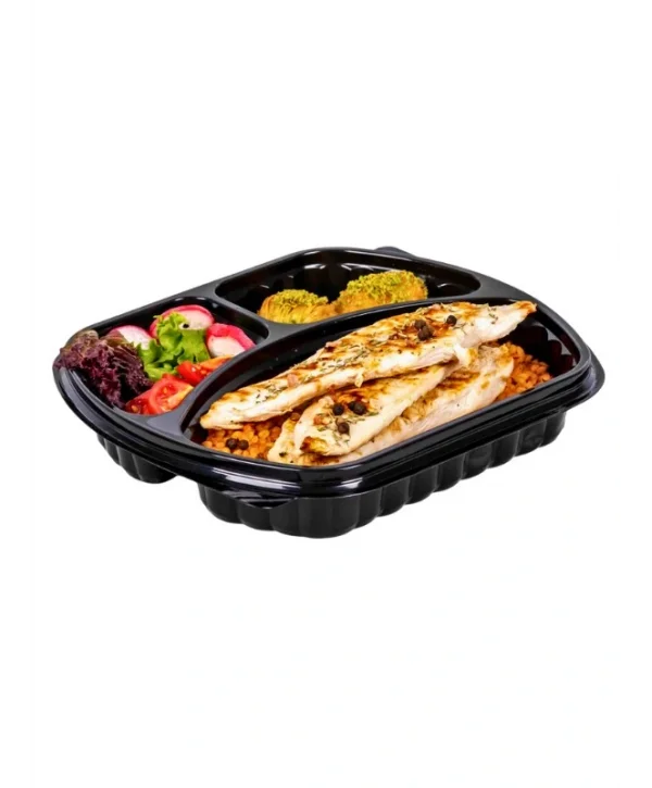 Üç Bölmeli Mikrodalga Yemek Servis Kabı (Kap+Kapak) 50 Adet