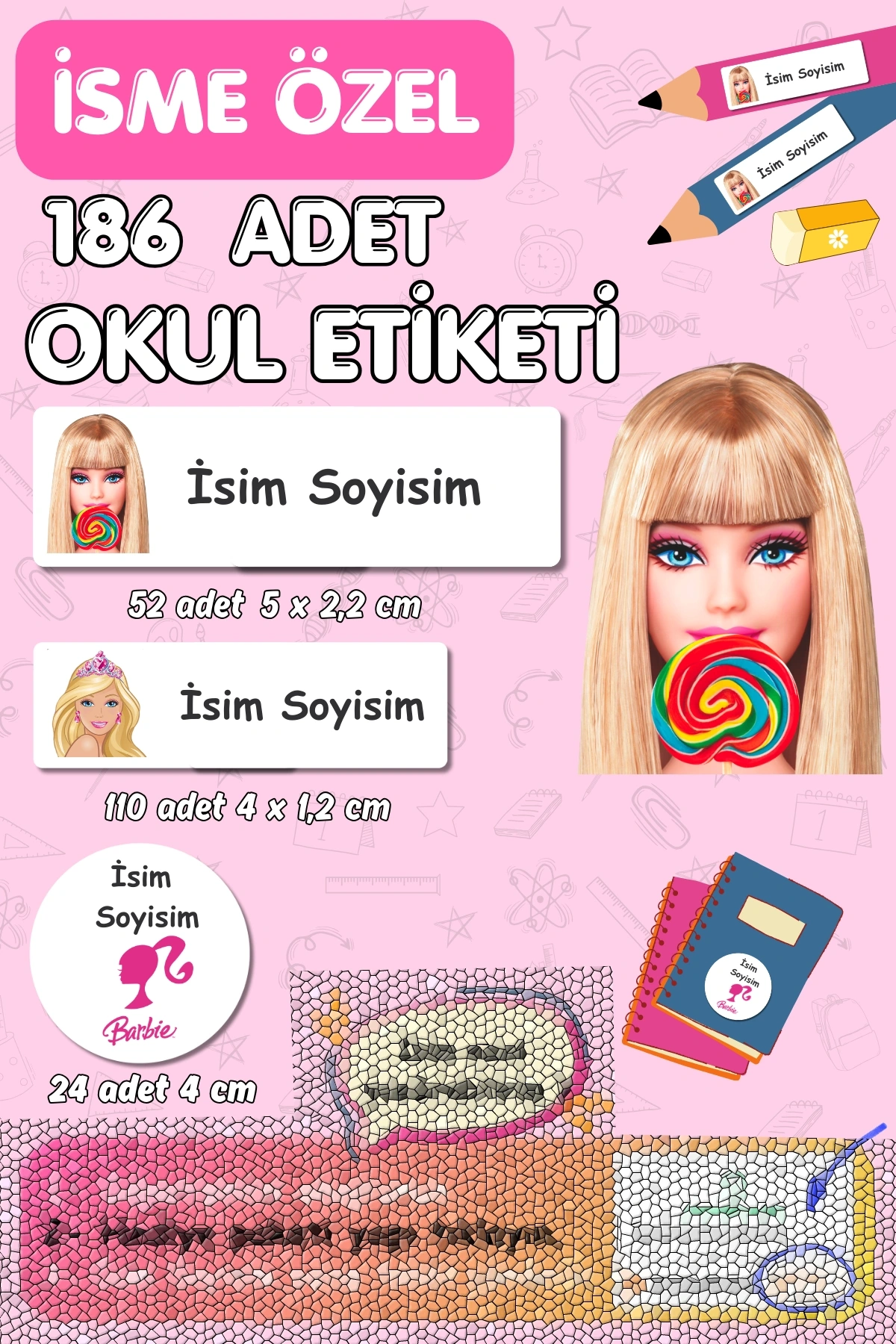 Barbie Temalı İsme Özel 186 Adet Defter-Kalem-Kitap Etiketi