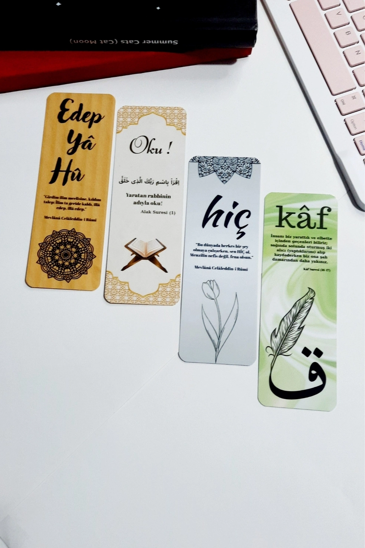 Dini Temalı 4lü Kitap Ayracı Seti, Edep Ya Hu, Hiç, Oku, Kaf, Ramazan, Hafızlık Hediyesi