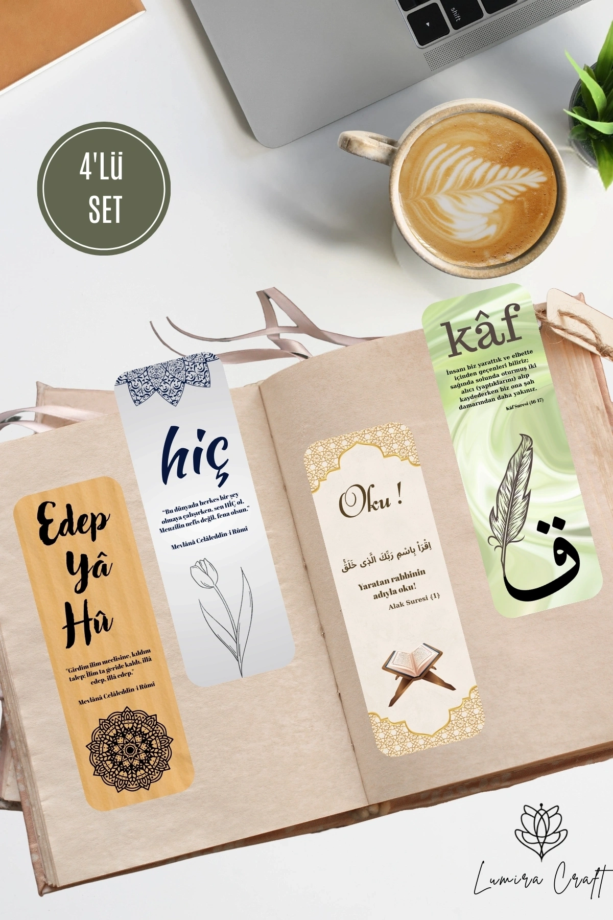 Dini Temalı 4lü Kitap Ayracı Seti, Edep Ya Hu, Hiç, Oku, Kaf, Ramazan, Hafızlık Hediyesi