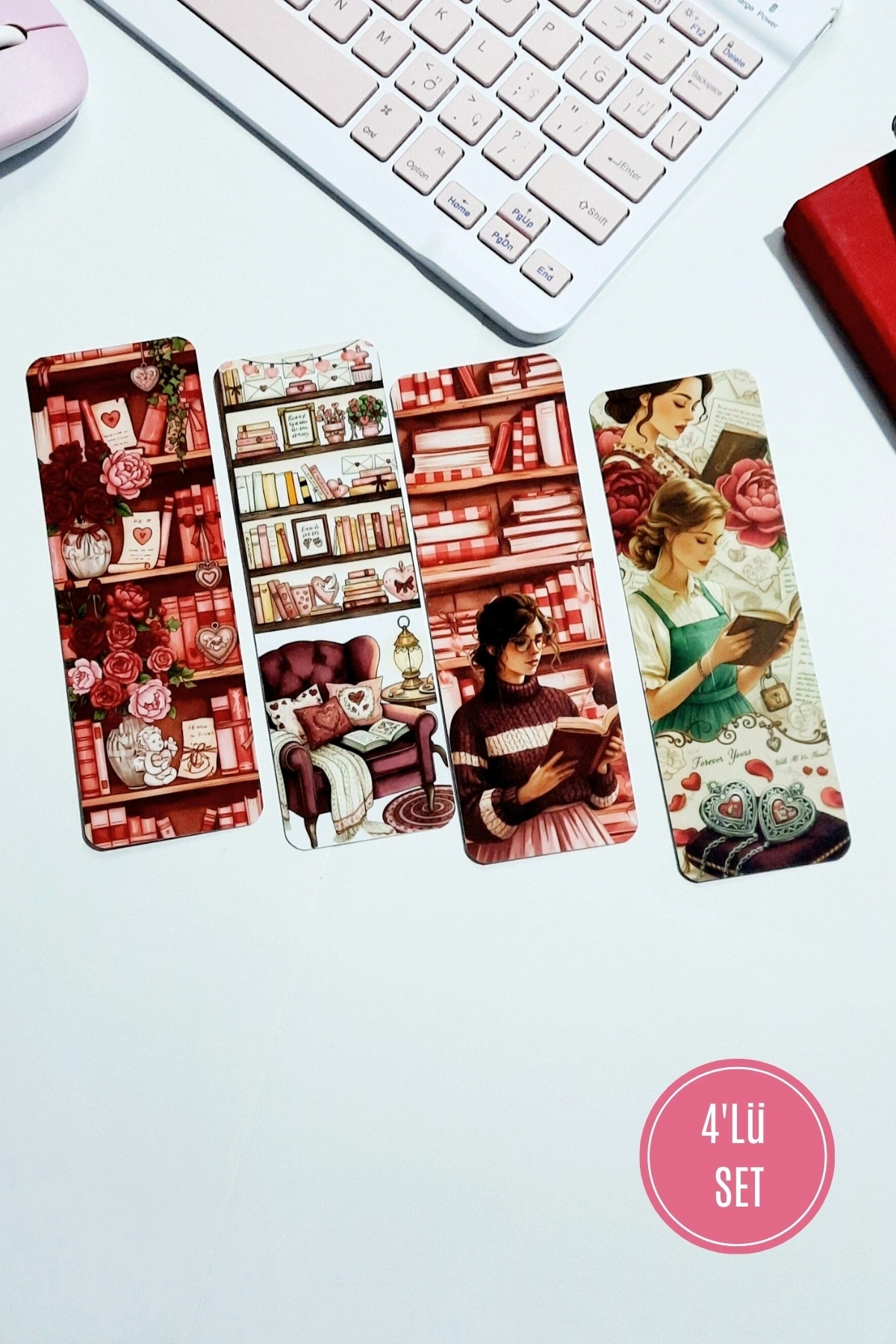 Kitap, Aşk, Sevgi, Gül Temalı 4Lü Kitap Ayracı Seti , Sevgililer Günü Hediye, Kitap Aşkı