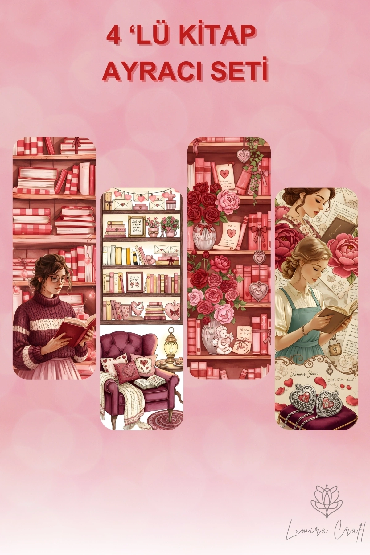 Kitap, Aşk, Sevgi, Gül Temalı 4Lü Kitap Ayracı Seti , Sevgililer Günü Hediye, Kitap Aşkı