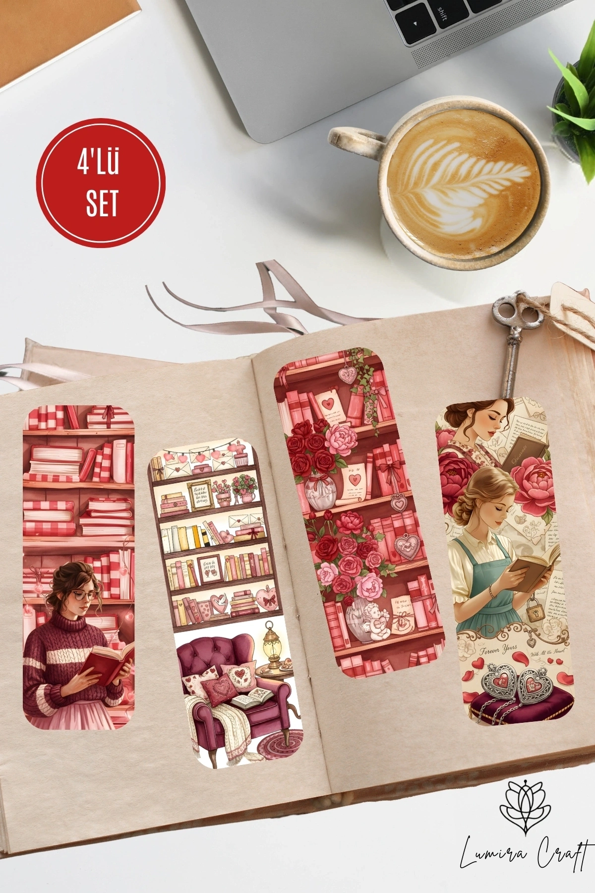 Kitap, Aşk, Sevgi, Gül Temalı 4Lü Kitap Ayracı Seti , Sevgililer Günü Hediye, Kitap Aşkı