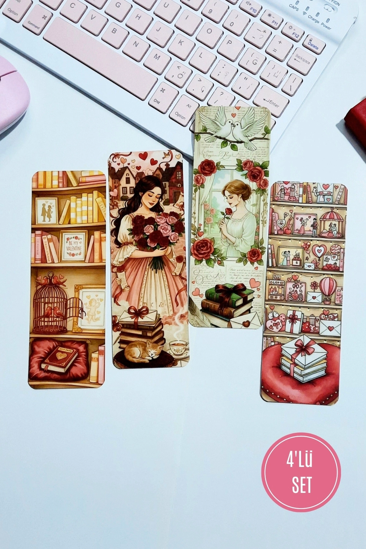 Aşk, Kitap, Sevgi, Gül Temalı 4Lü Kitap Ayracı Seti , Sevgililer Günü Hediye, Kitap Aşkı