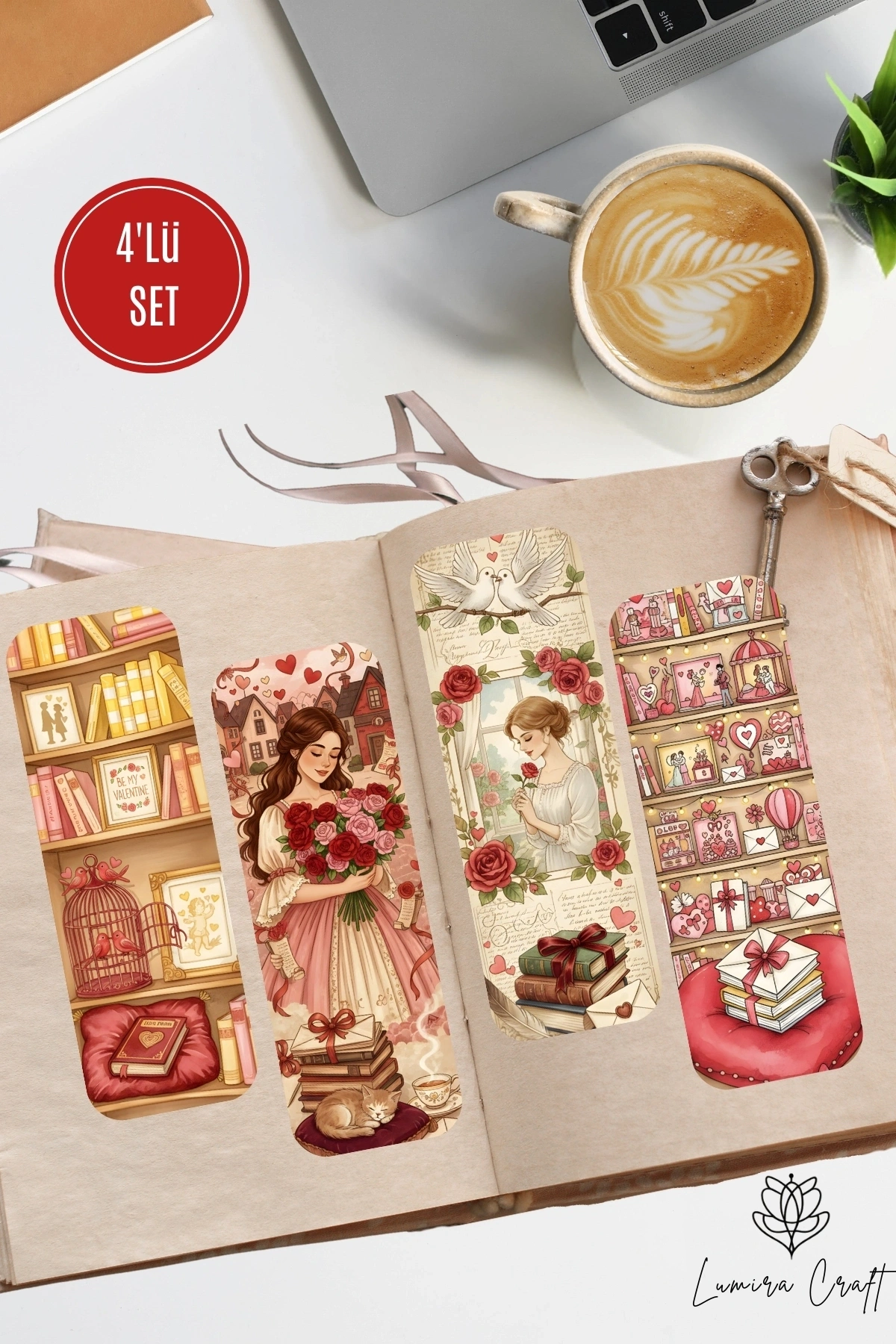Aşk, Kitap, Sevgi, Gül Temalı 4Lü Kitap Ayracı Seti , Sevgililer Günü Hediye, Kitap Aşkı