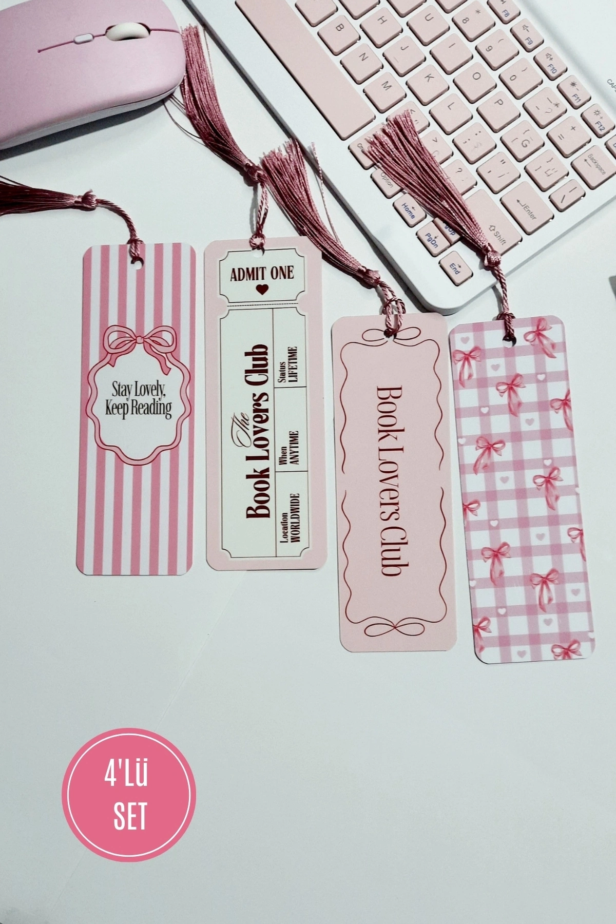 Pink Girls, Book Lovers Club, Pembe Kurdele, 4lü Püsküllü Kitap Ayracı Seti, Bookmark Pinks, Hediye
