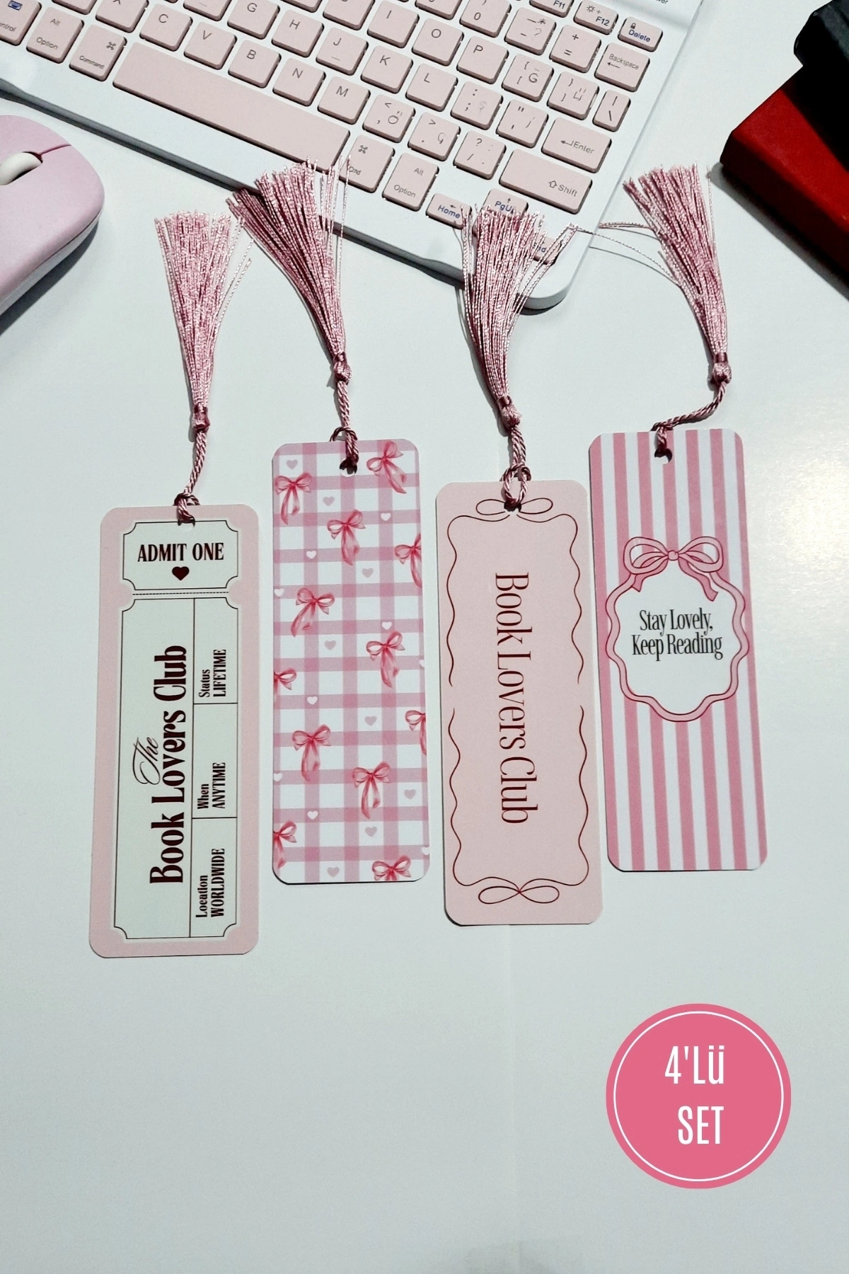 Pink Girls, Book Lovers Club, Pembe Kurdele, 4lü Püsküllü Kitap Ayracı Seti, Bookmark Pinks, Hediye
