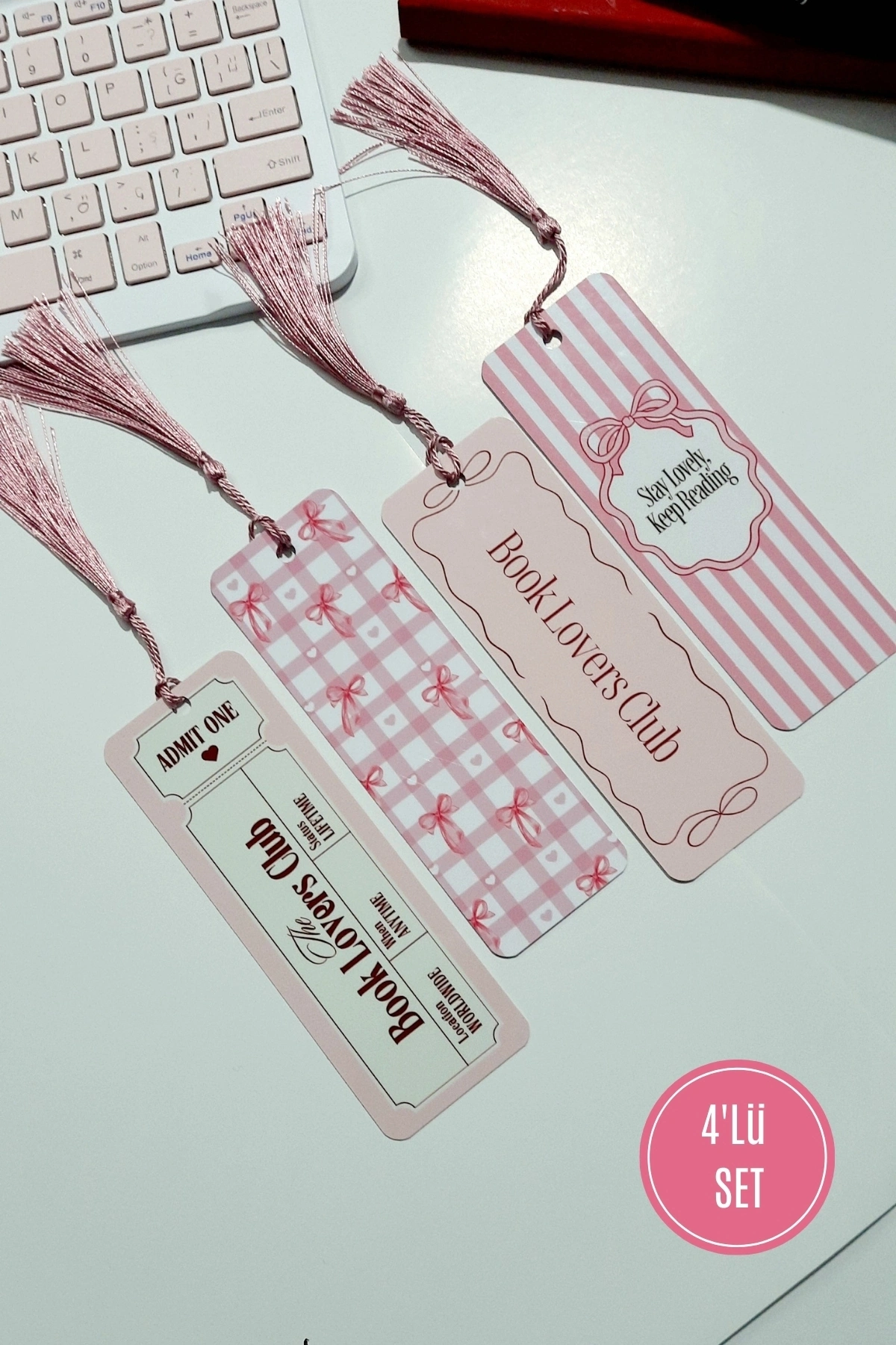 Pink Girls, Book Lovers Club, Pembe Kurdele, 4lü Püsküllü Kitap Ayracı Seti, Bookmark Pinks, Hediye