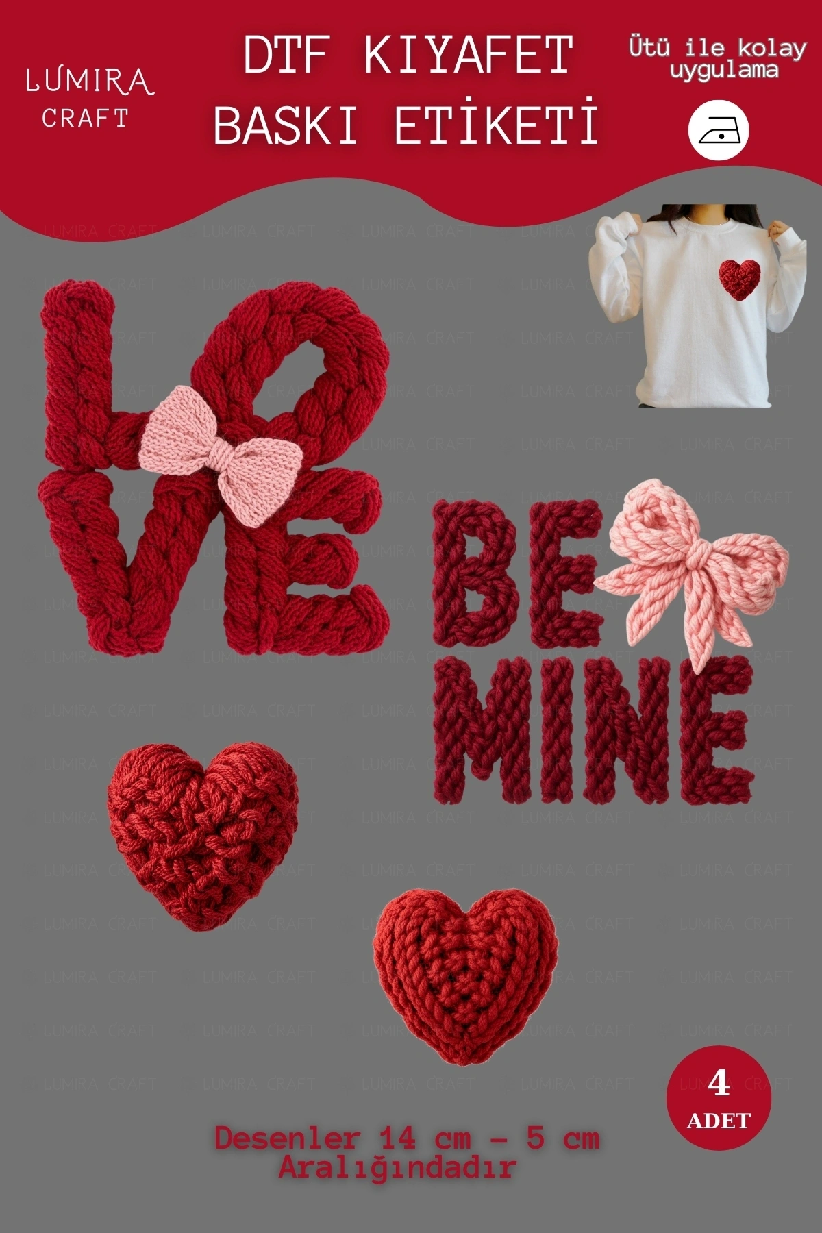 Örgü Görünümlü Love, Be Mine Kumaşa Ütü ile Yapışan DTF Transfer Baskı Kağıdı, Sevgililer Günü