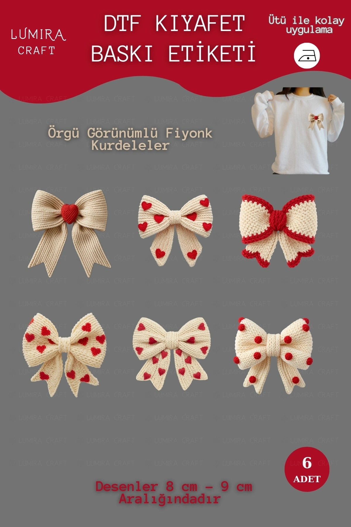 Örgü Görünümlü Fiyonk Kurdeleler, Sevgililer Günü, Kumaşa Ütü ile Yapışan DTF Transfer Baskı Kağıdı