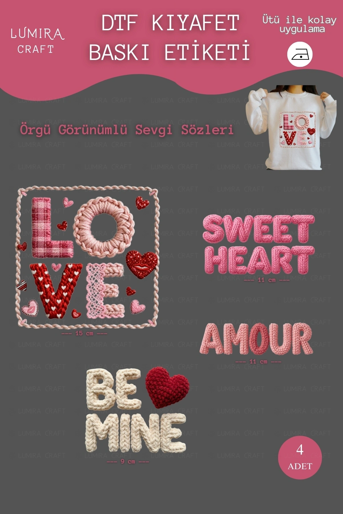 Örgü Görünümlü Sevgi Sözleri Kumaşa Baskı Yapılabilen Ütü ile Yapışan DTF Transfer Baskı Kağıdı