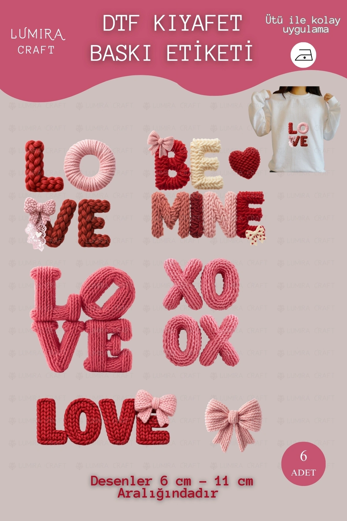 Örgü Görünümlü Fiyonklu Sevgi Sözleri Kumaşa Ütü ile Yapışan DTF Transfer Baskı Kağıdı