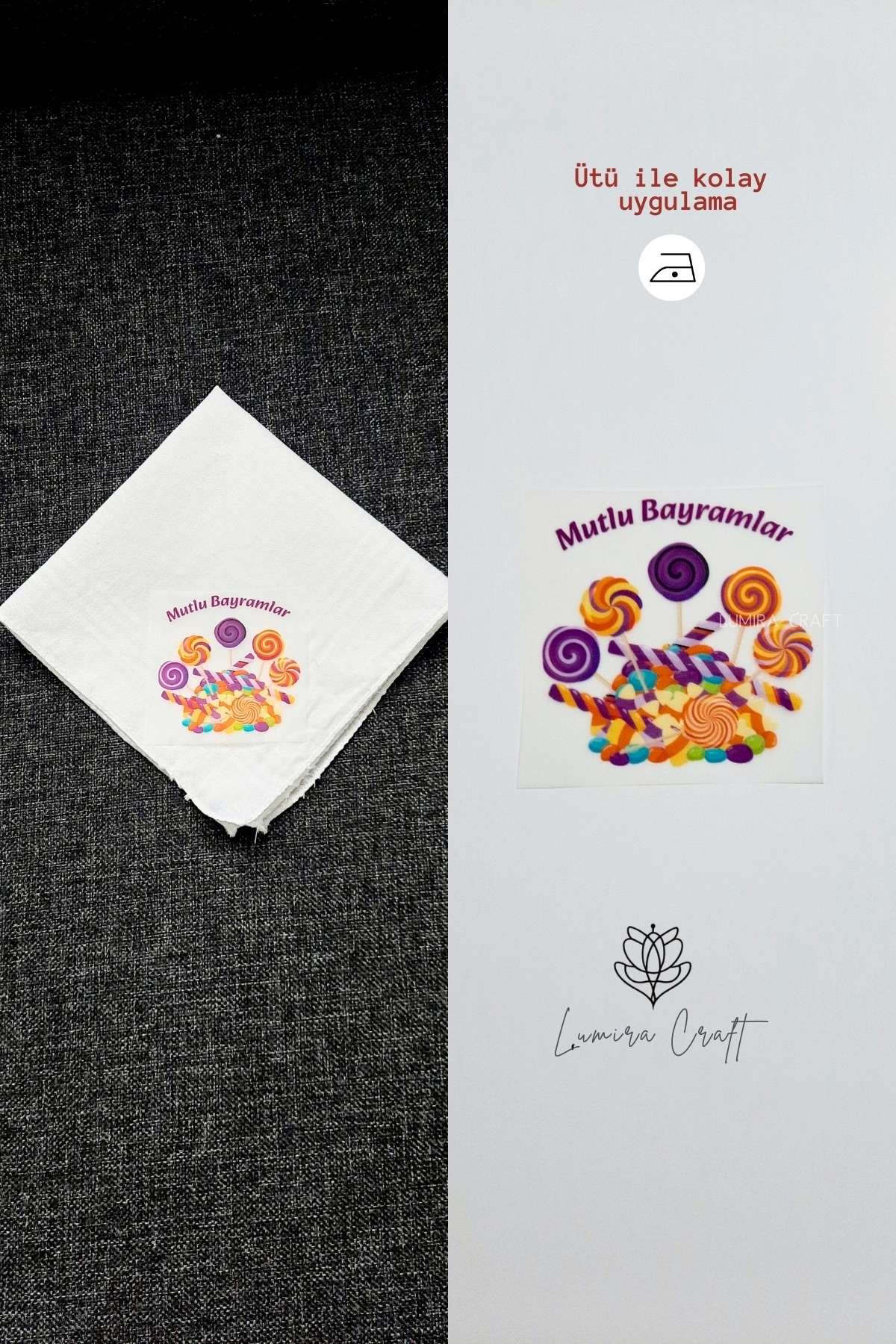 Mutlu Bayramlar Mendil ve Kese Baskı Kağıdı, Kumaşa Ütü ile Yapışan DTF Transfer, Ramazan Bayramı