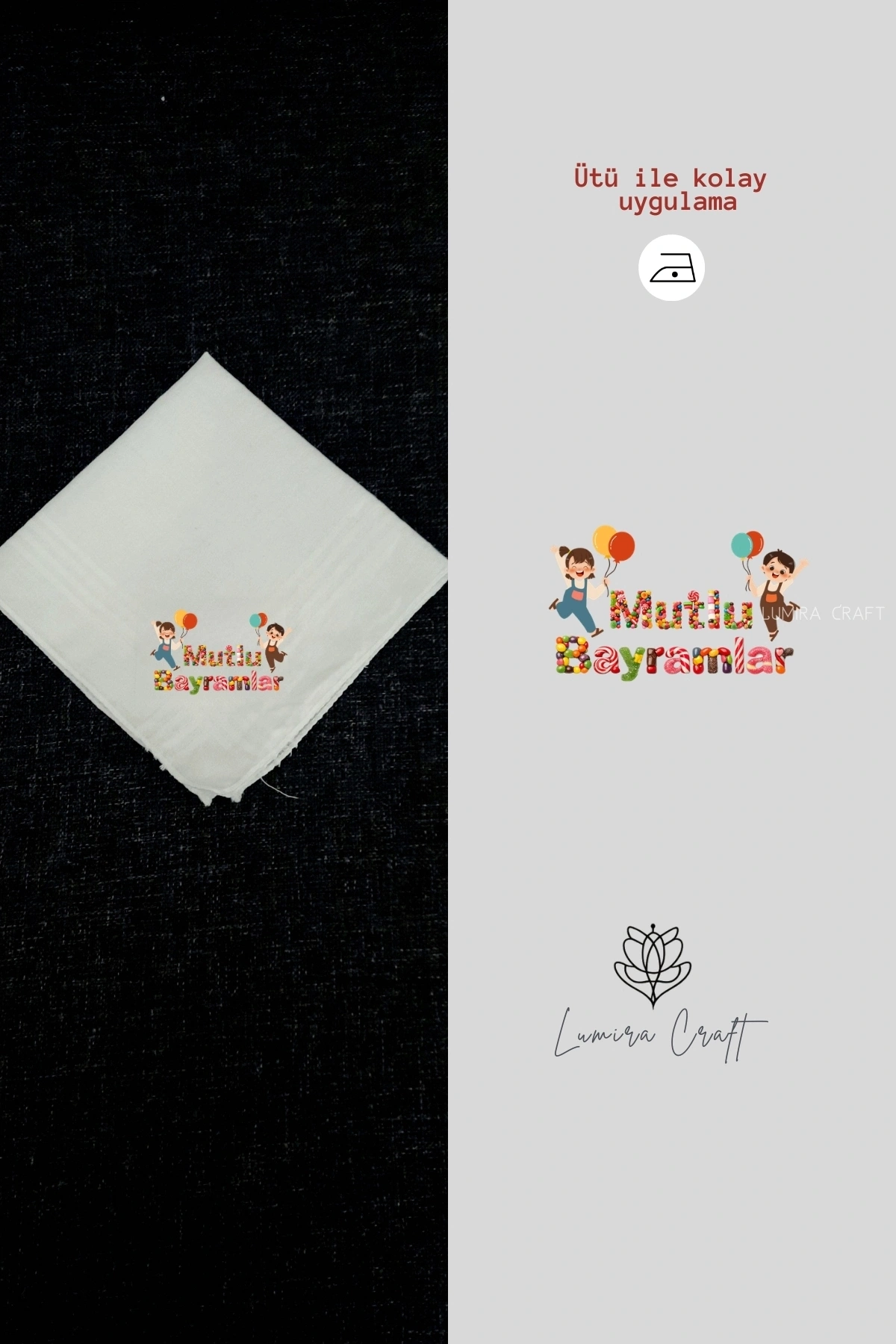 Balonlu Çocuklar Mutlu Bayramlar Mendil ve Kese Baskı Kağıdı, Ütü ile Yapışan DTF Transfer, Ramazan