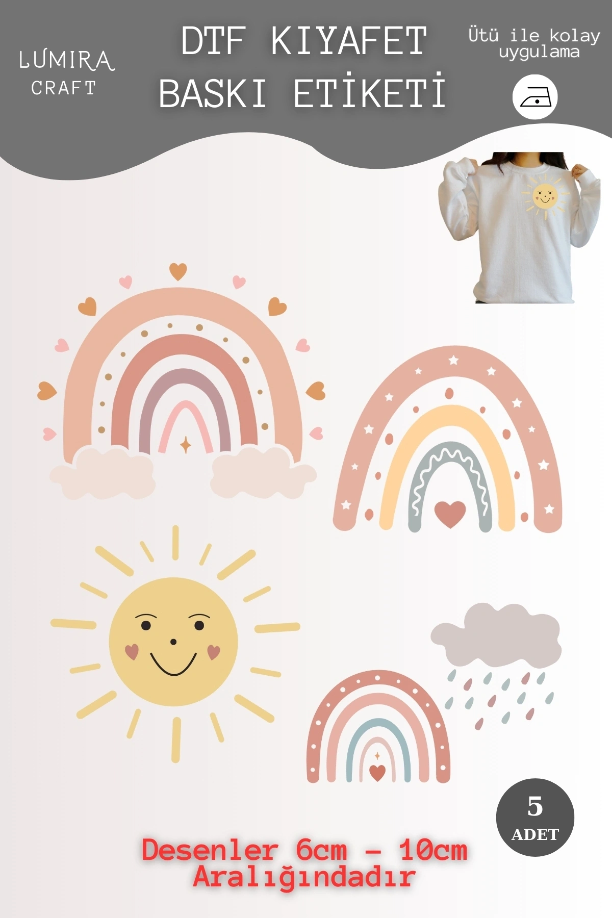 Kalpli Gökkuşağı ve Güneş Temalı Kumaşa Ütü ile Yapışan DTF Transfer Baskı Kağıdı