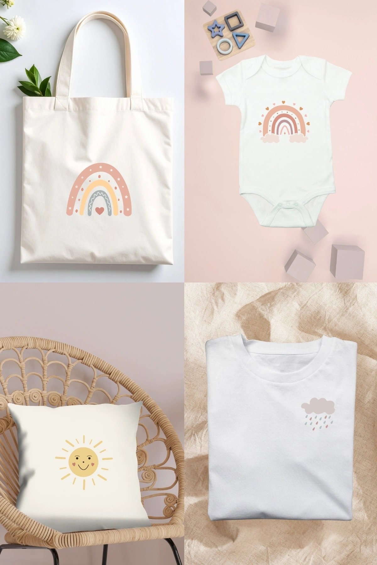 Kalpli Gökkuşağı ve Güneş Temalı Kumaşa Ütü ile Yapışan DTF Transfer Baskı Kağıdı