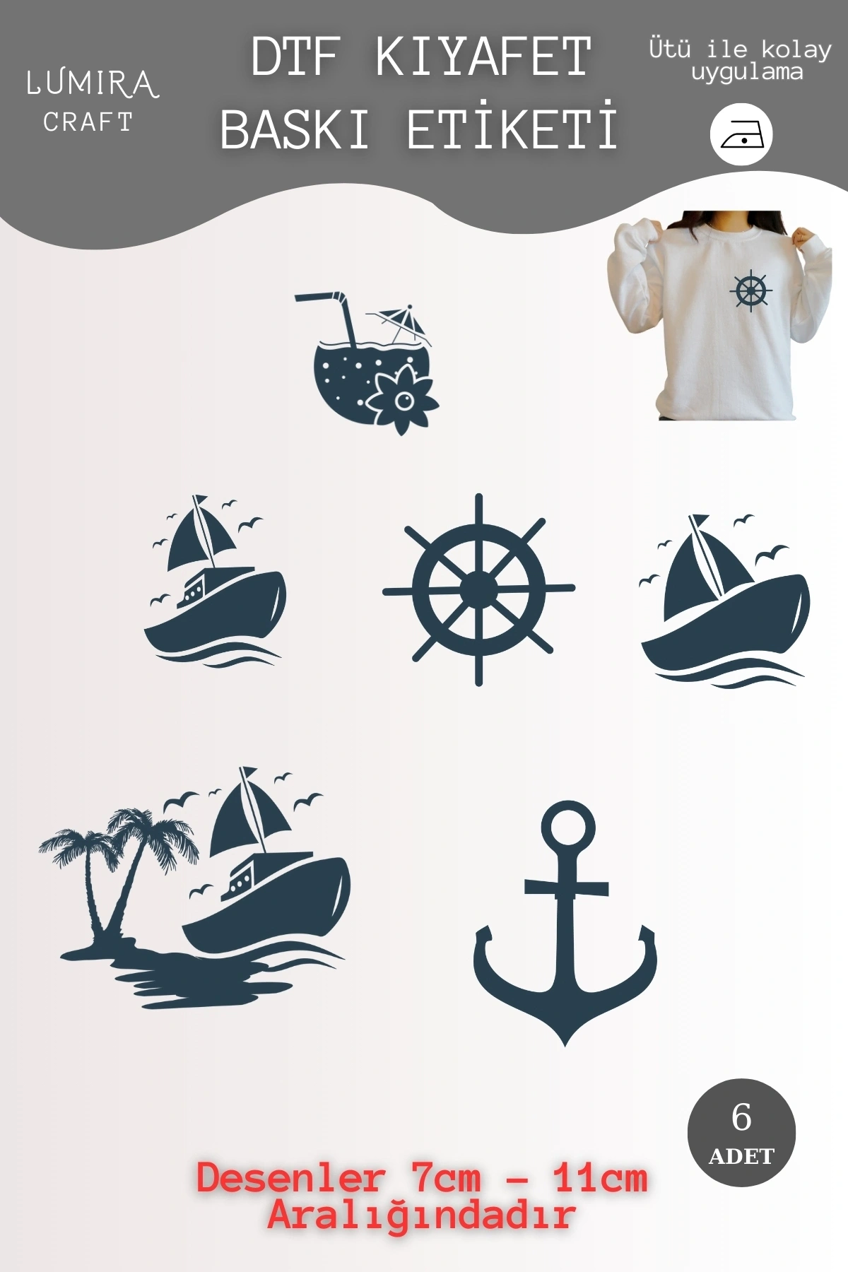 Deniz, Gemi, Çapa, Dümen, Marine Kumaşa Ütü ile Yapışan DTF Transfer Baskı Kağıdı