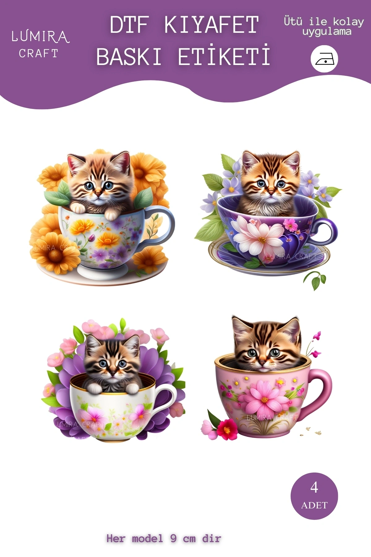 Fincanda Sevimli Kediler Kumaşa Ütü ile Yapışan DTF Transfer Baskı Kağıdı