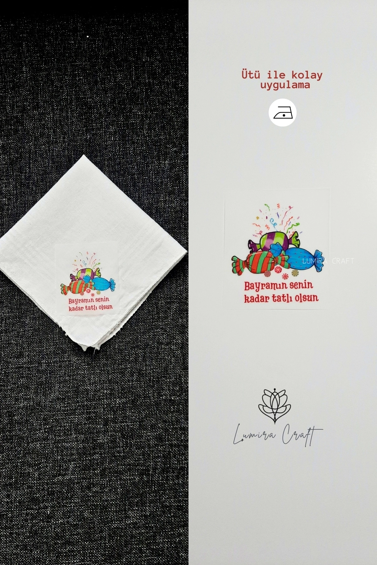 Renkli Şekerler Mendil ve Kese Baskı Kağıdı, Kumaşa Ütü ile Yapışan DTF Transfer, Ramazan Bayramı