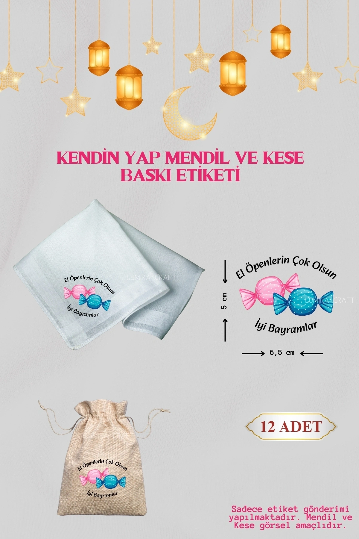 Pembe Mavi Şeker Mendil ve Kese Baskı Kağıdı, Kumaşa Ütü ile Yapışan DTF Transfer, Ramazan Bayramı