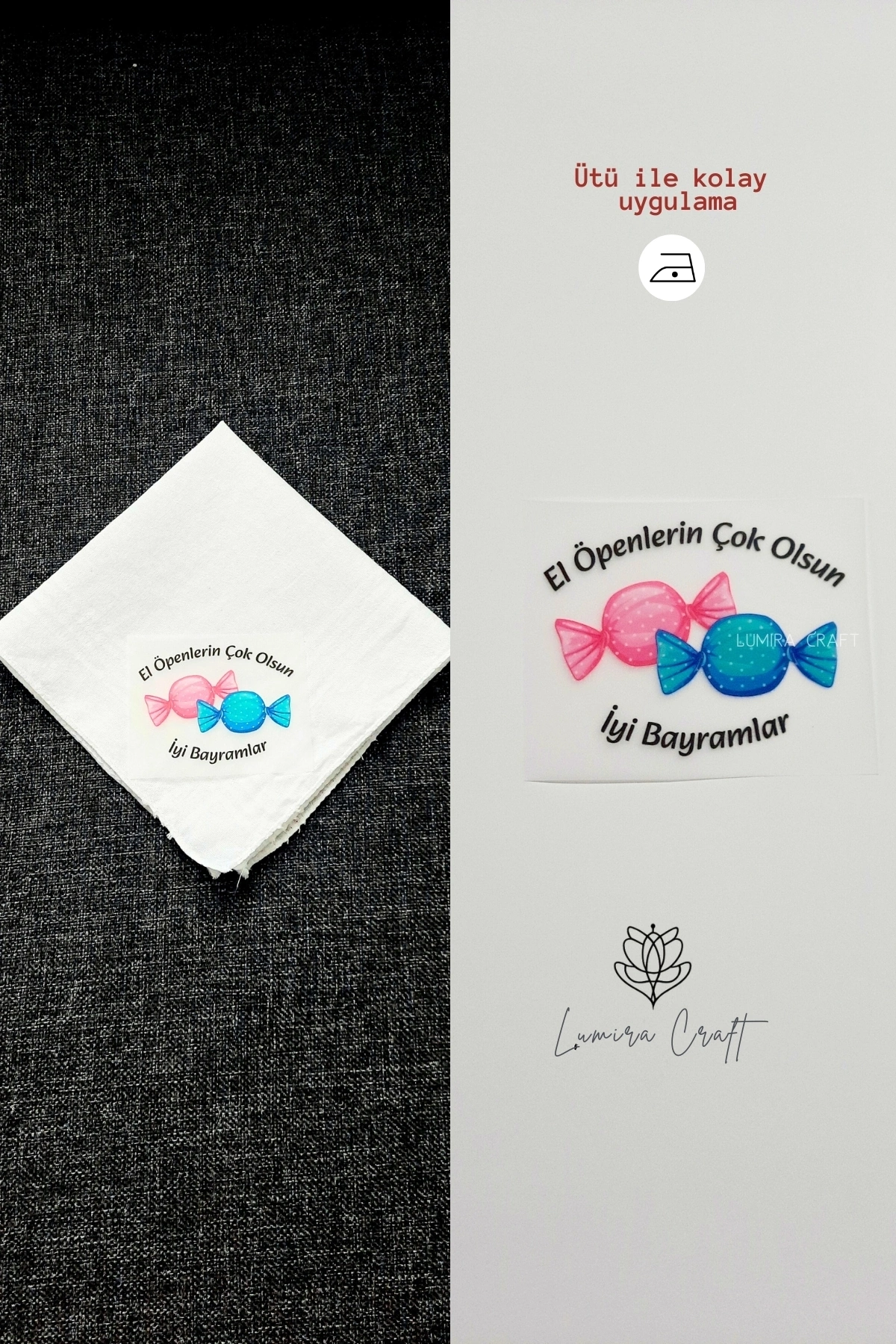Pembe Mavi Şeker Mendil ve Kese Baskı Kağıdı, Kumaşa Ütü ile Yapışan DTF Transfer, Ramazan Bayramı
