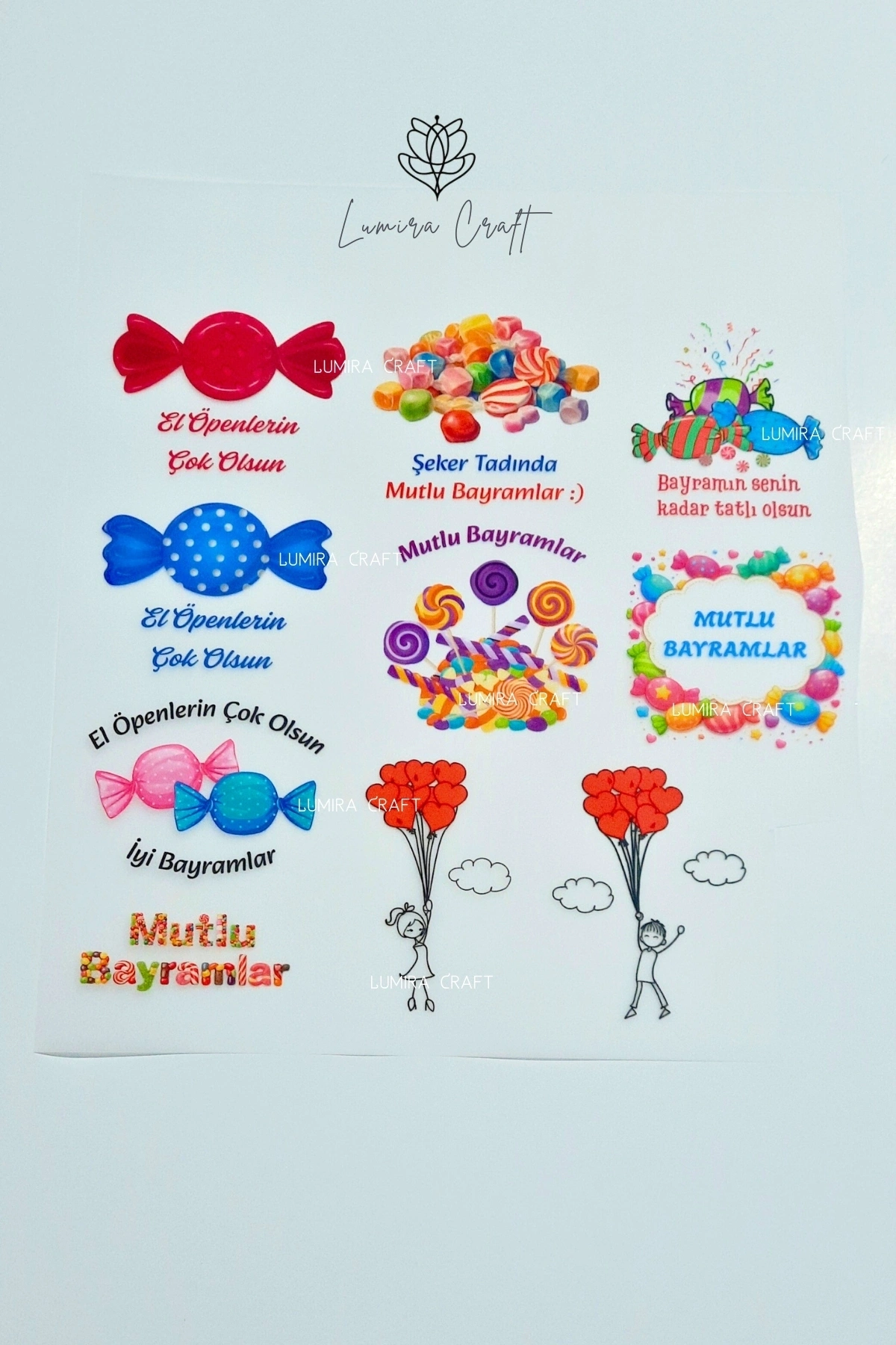 Şeker Tasarımlı Mendil ve Kese Baskı Kağıdı, Kumaşa Ütü ile Yapışan DTF Transfer, Ramazan Bayramı