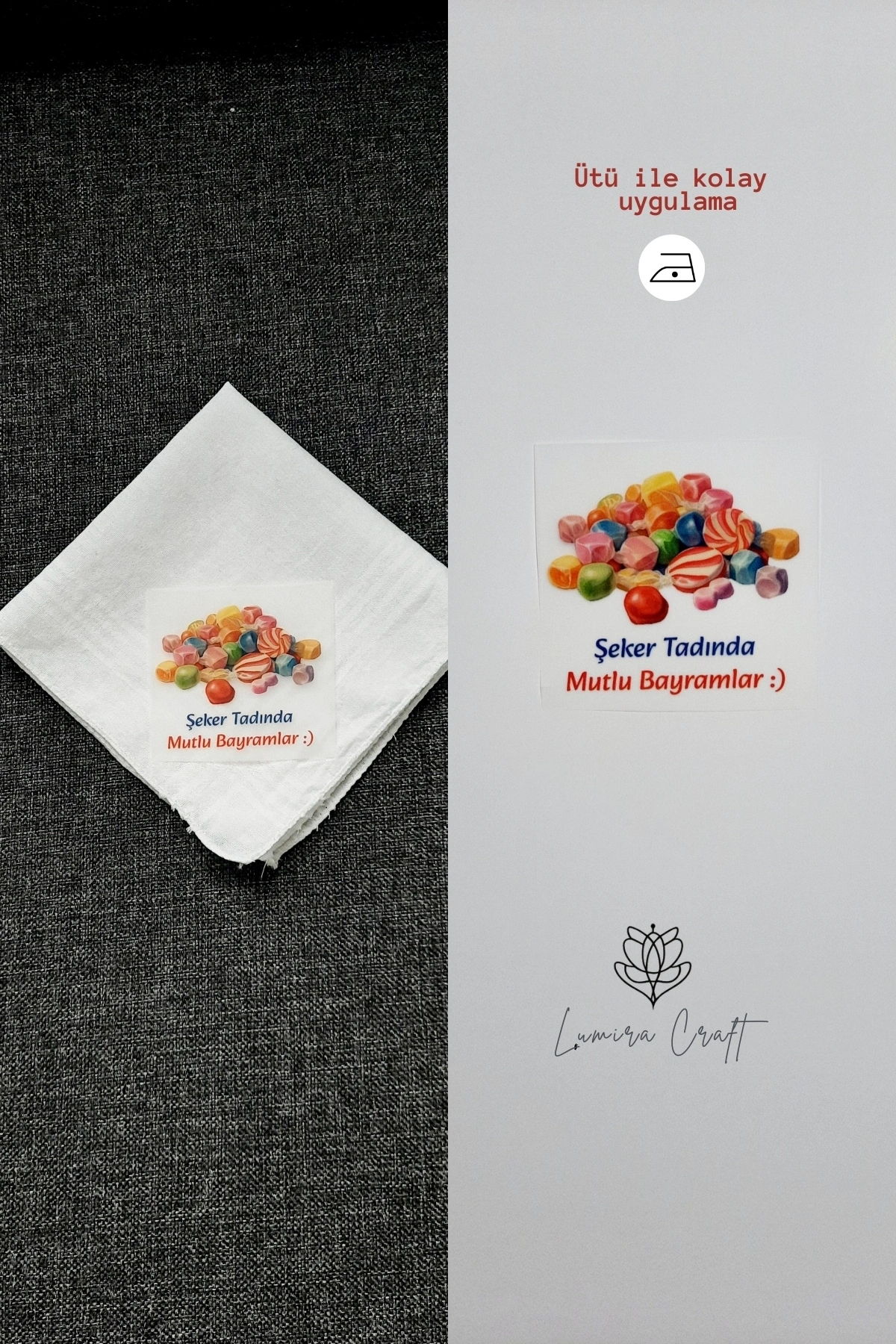 Şeker Tasarımlı Mendil ve Kese Baskı Kağıdı, Kumaşa Ütü ile Yapışan DTF Transfer, Ramazan Bayramı