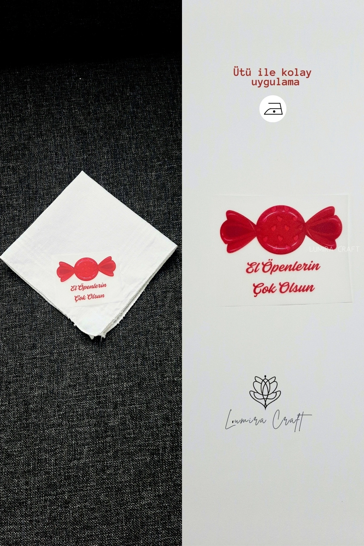 Kırmızı Şeker Mendil ve Kese Baskı Kağıdı, Kumaşa Ütü ile Yapışan DTF Transfer, Ramazan Bayramı