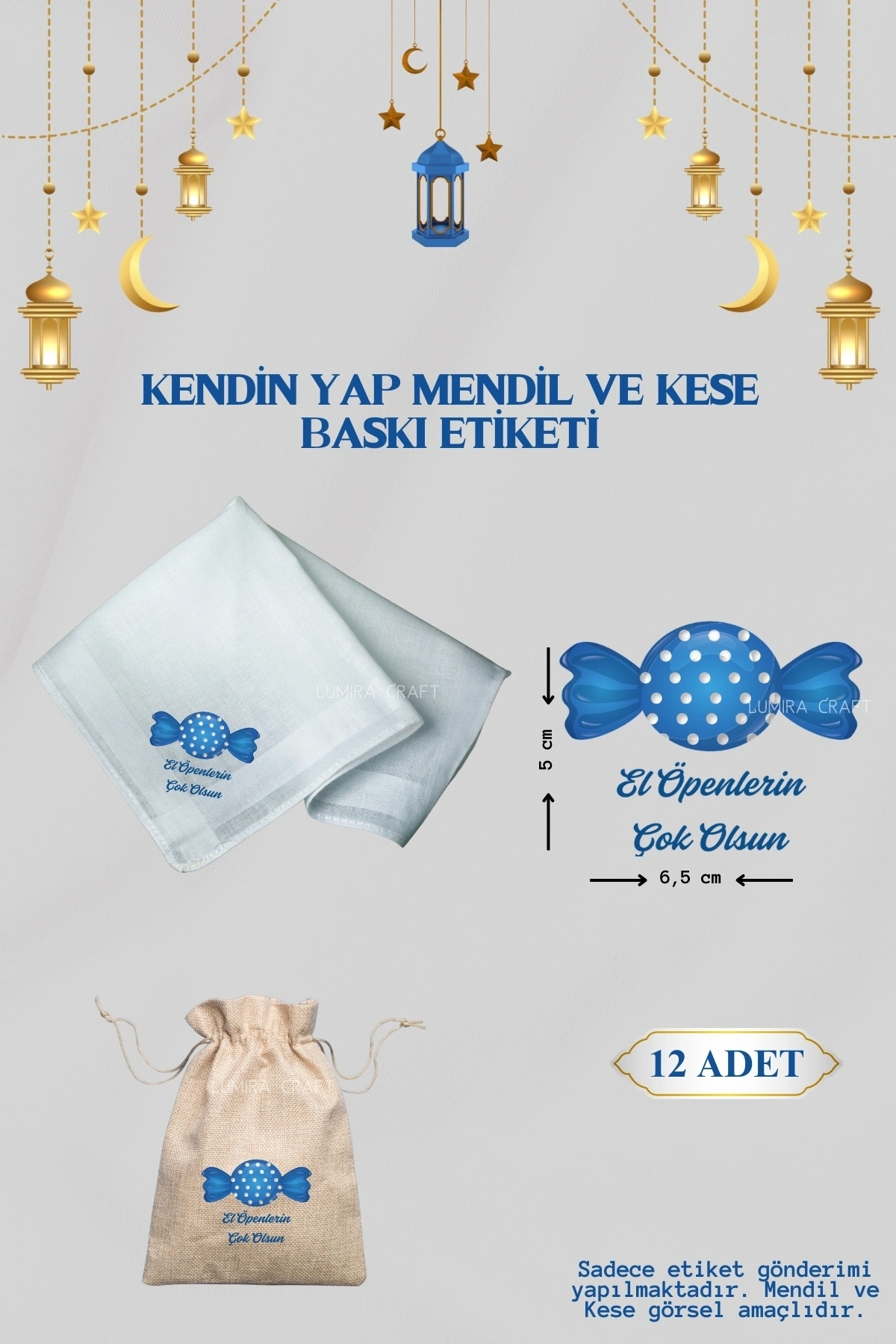 Mavi Şeker Mendil ve Kese Baskı Kağıdı, Kumaşa Ütü ile Yapışan DTF Transfer, Ramazan Bayramı