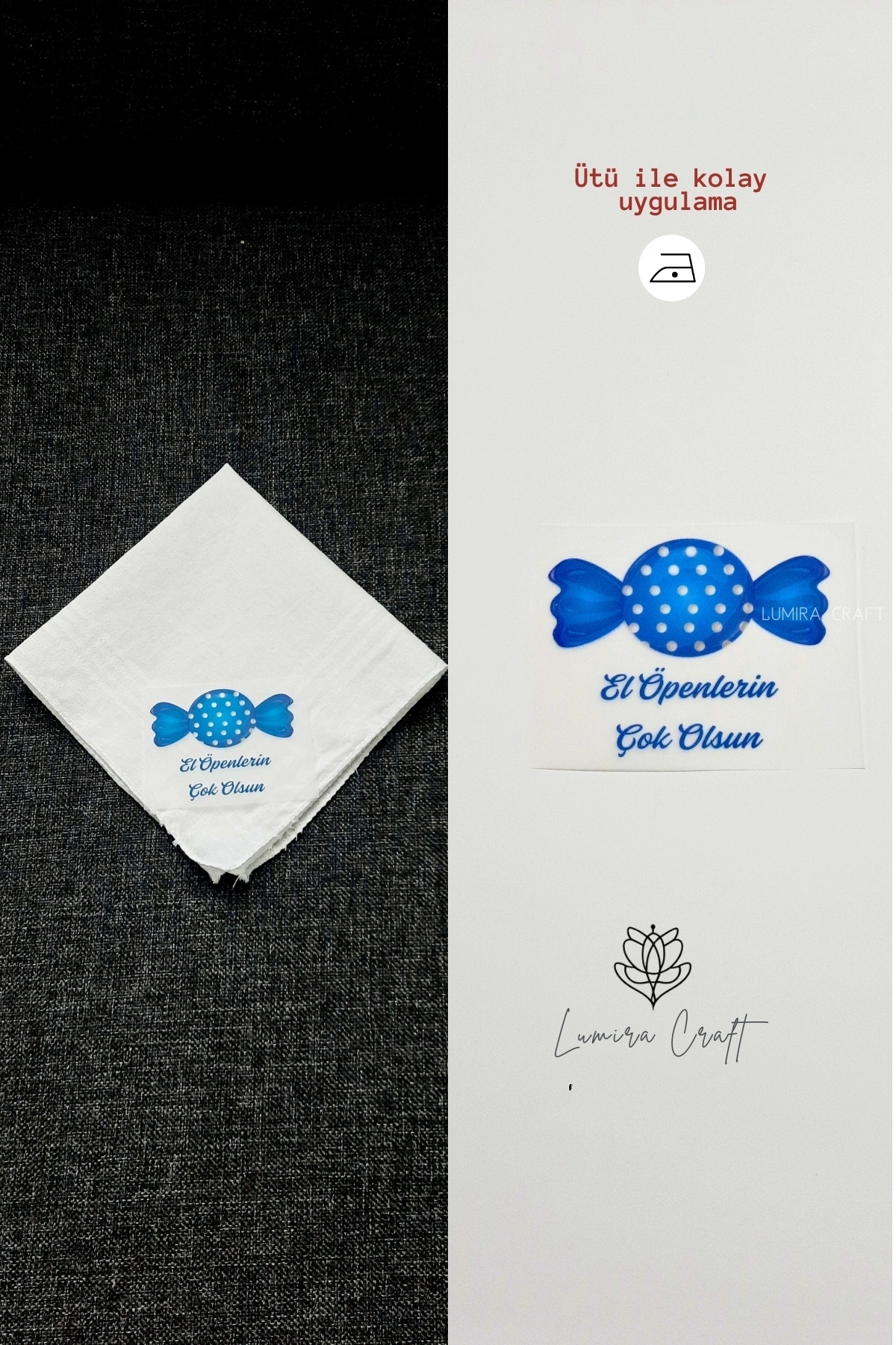 Mavi Şeker Mendil ve Kese Baskı Kağıdı, Kumaşa Ütü ile Yapışan DTF Transfer, Ramazan Bayramı